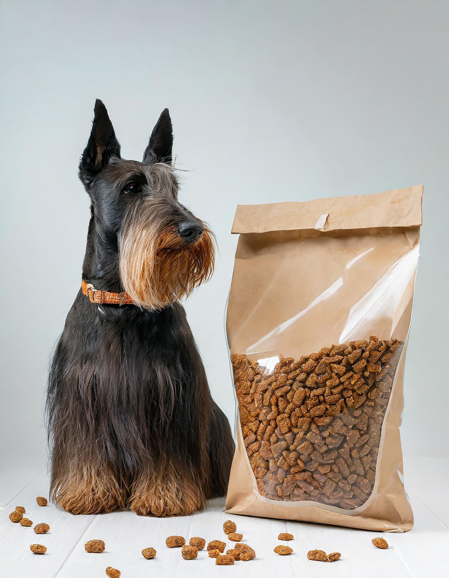 Chien avec sac de croquettes